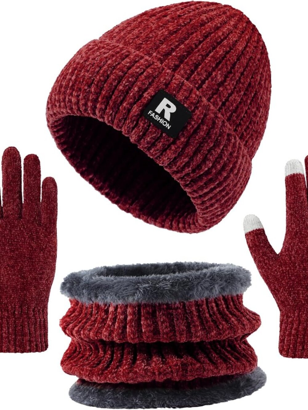 Winter Beanie Hat Circle Scarf Gloves Set for Men Women, Thick Warm Chenille Sku